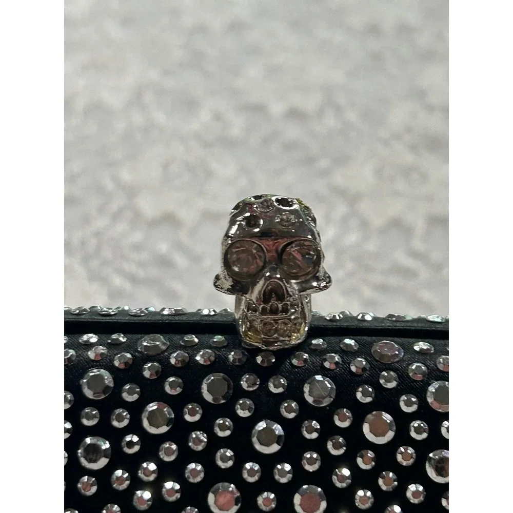 Black Satin Rhinestone Skull Evening Clutch Bag Gothic Grunge Formal Y2K Glam